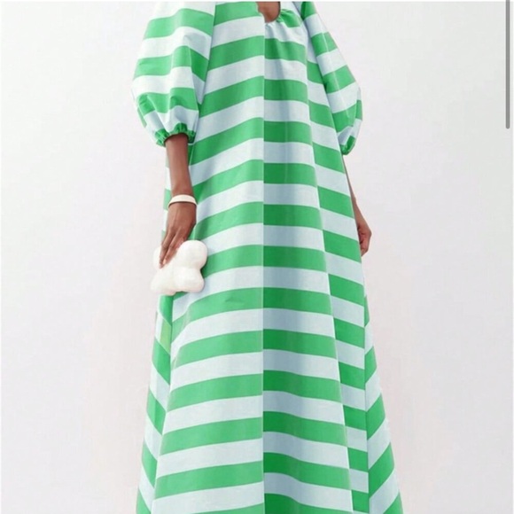 Gorgeous boho maxi dress green striped floor length cotton maid Cottagecore - Picture 2 of 6